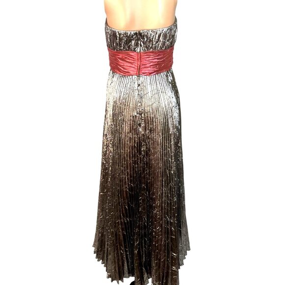 Precious Formals Metallic Silver Strapless Gown Pleated with Scarlet Band Sz 12 - Picture 2 of 10